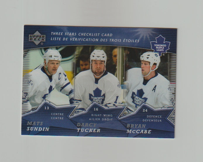 2007-08 McDonald's Three Stars Checklist #CL2 Mats Sundin, Darcy Tucker & Bryan McCabe