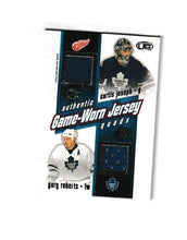 Load image into Gallery viewer, 2002-03 Pacific Heads Up Quad Jerseys #26 Curtis Joseph, Gary Roberts, Alexander Mogilny &amp; Darcy Tucker
