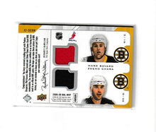 Load image into Gallery viewer, 2008-09 Upper Deck MVP Two on Two Jerseys #J2-SCBK Phil Kessel, Patrice Bergeron, Marc Savard &amp; Zdeno Chara
