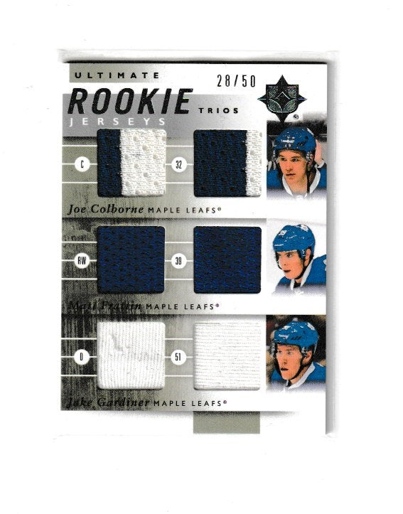 2011-12 Ultimate Collection Jerseys Trios #URJ3-TML Jake Gardiner, Matt Frattin & Joe Colborne