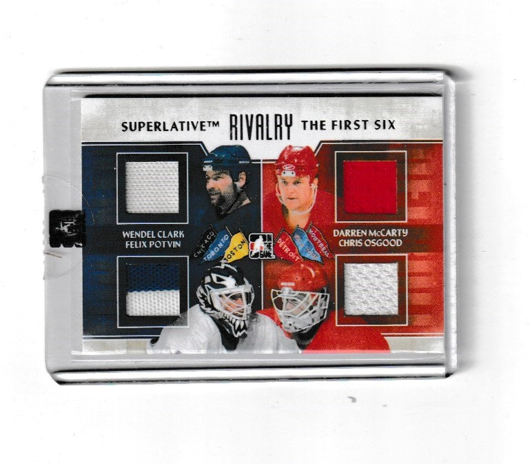 2013-14 ITG Superlative The First Six Rivalry Quad Jerseys #R-07 Felix Potvin, Wendel Clark, Darren McCarty & Chris Osgood