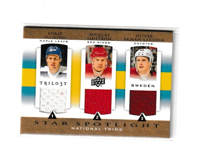 2013-14 Upper Deck Trilogy Star Spotlight National Trios Jerseys #SWE-DEF Borje Salming, Nicklas Lidstrom & Oliver Ekman-Larsson