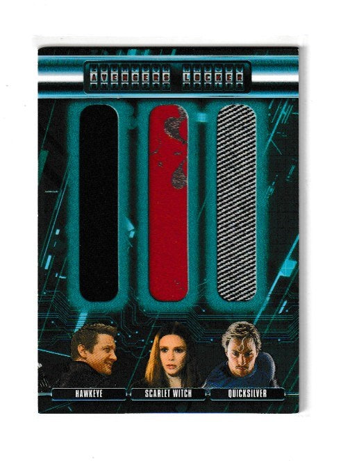 2015 Avengers Age of Ultron Avengers Locker Duals #AL3-HWP Jeremy Renner as Hawkeye, Elizabeth Olsen as Scarlet Witch & Aaron-Taylor Johnson as Quicksilver
