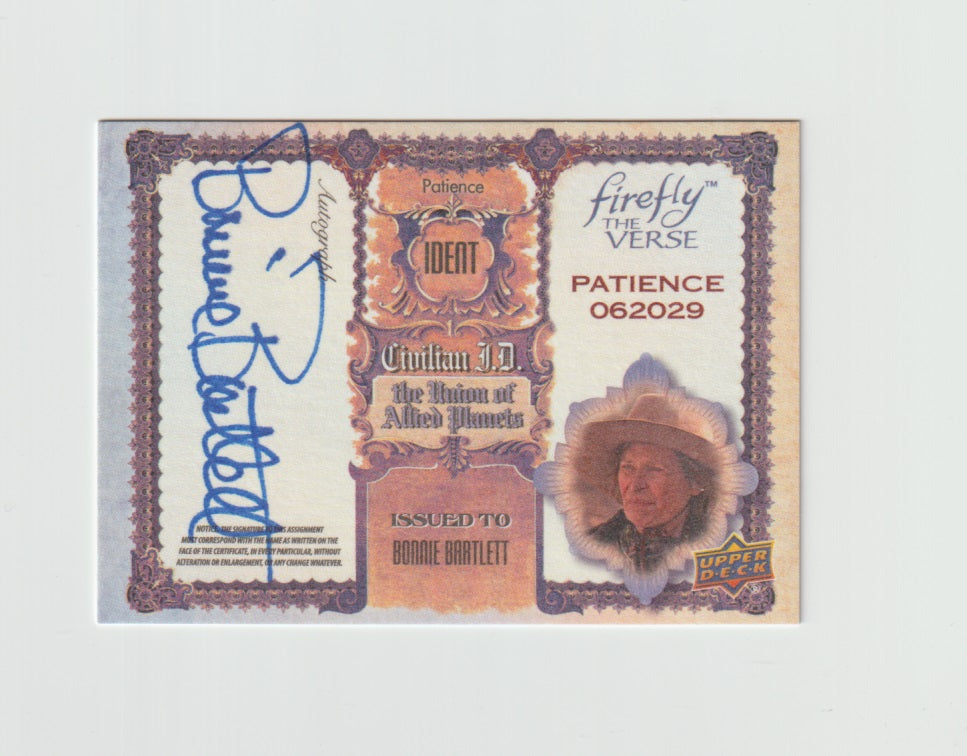 2015 Firefly The Verse Civilain I.D. Autographs #BB Bonnie Bartlett as Patience