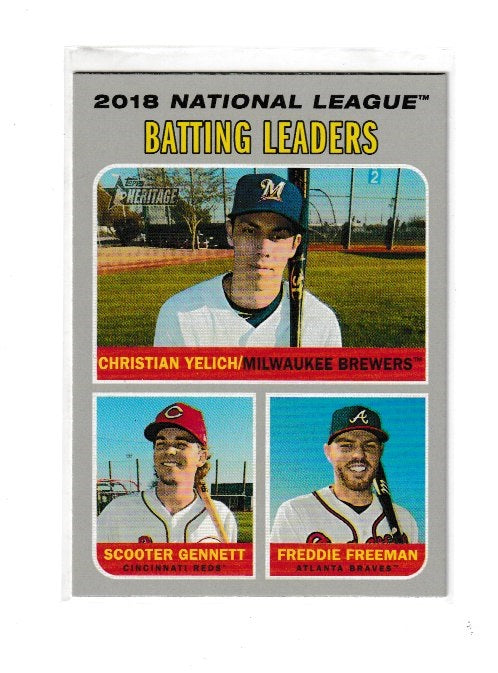 2019 Topps Heritage #61 Christian Yelich, Scooter Gennett & Freddie Freeman